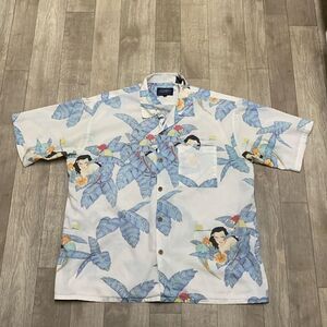 Vintage Dragonfly Hawaiian Parrot Geisha Beach Tropical Button‎ Down Shirt